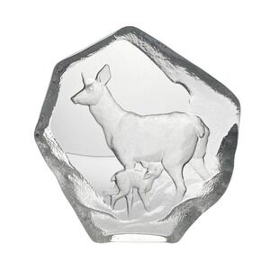 Mats Jonasson “Deer, Doe & Fawn” Crystal Swedish Paperweight Sculpture 7” Signed